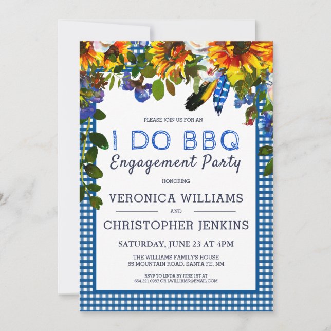 Invitation Je FAIS BBQ Rustique Floral Bleu Plaid Engagement  (Devant)