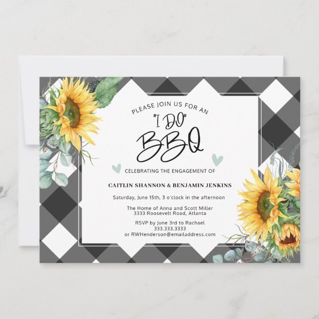 Invitation Je fais BBQ Sunflower Buffalo Plaid Engagement Par (Devant)