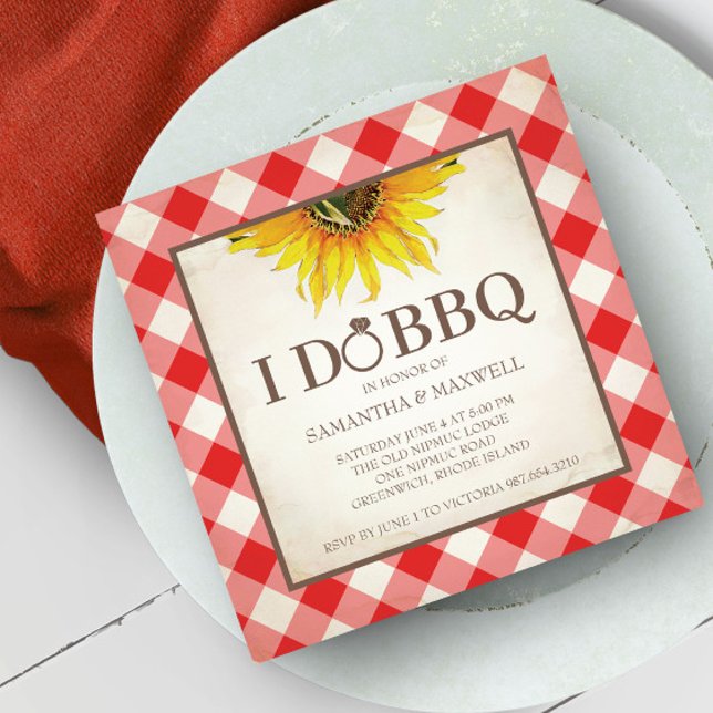 Invitation Je fais Fête des mariées Fiançailles BBQ (I do BBQ invitations feature a watercolor sunflower with a red gingham print boarder. )