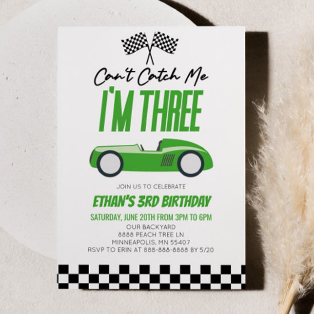 Invitation Je ne peux pas me rattraper Green Race Car 3e fête (Créateur téléchargé)