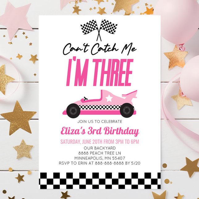 Invitation Je ne peux pas me rattraper Pink Race Car 3e fête  (Créateur téléchargé)