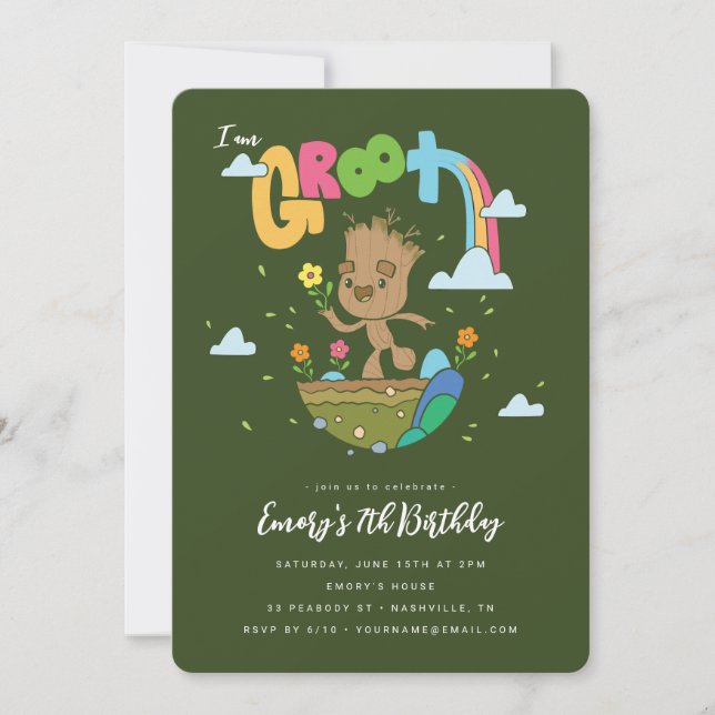 Invitation Je suis Groot | Anniversaire fleuri de l'arc-en-ci (Devant)