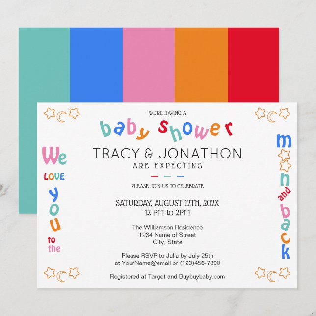 Invitation Je t'aime au Baby shower de Couple sur la lune et  (Devant / Derrière)