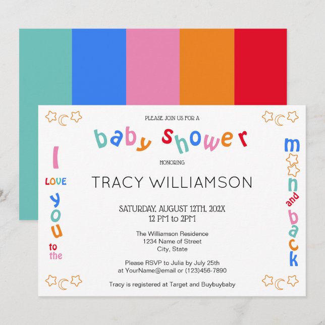 Invitation Je t'aime au Baby shower de la lune et du dos (Devant / Derrière)