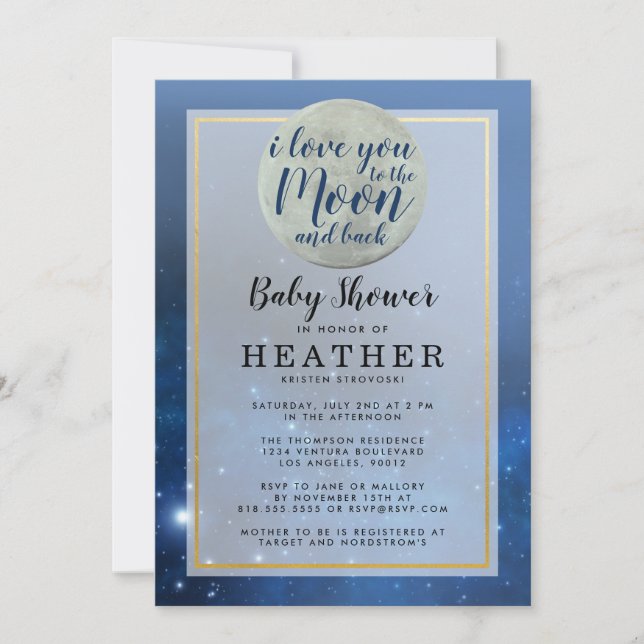 Invitation Je t'aime sur la Lune et le Baby shower du dos (Devant)