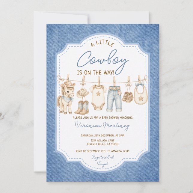 Invitation Jean Cute Little Cowboy Baby Shower Ligne de vêtem (Devant)