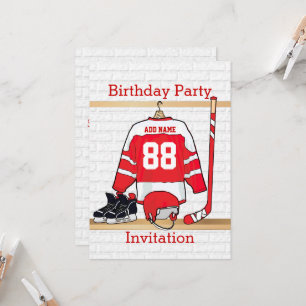 Invitation Jersey d'anniversaire de hockey sur glace rouge et