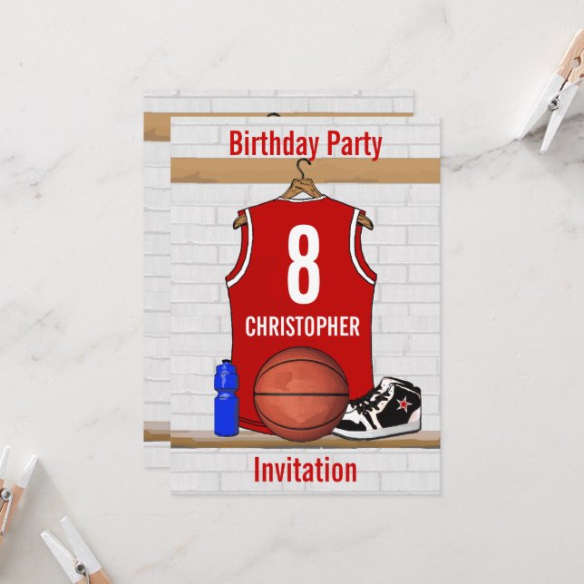 Invitation Jersey de basketball rouge et blanc (Devant/Arrière en situation)