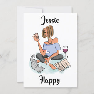 Invitation Jessie Happy with Cell, Wine and Cat Card