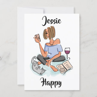 Invitation Jessie Happy with Cell, Wine and Cat Card