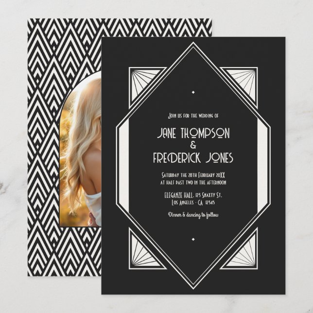 Invitation Jet Black & Ivory Linen Art Deco Wedding Photo (Devant / Derrière)