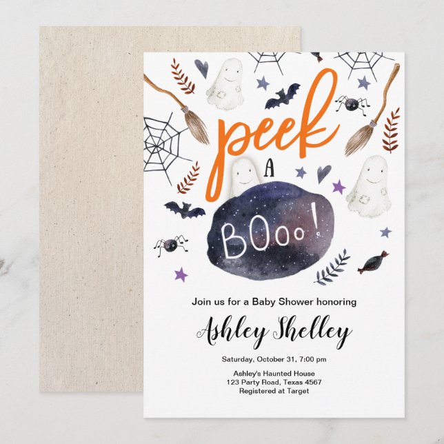Invitation Jeter un oeil à Boo Halloween Baby shower neutre e (Devant / Derrière)