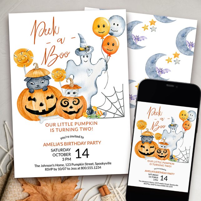 Invitation Jetez un coup d'oeil à un petit Citrouille Boo qui (Peek a Boo Pumpkin turning Two 2nd birthday invitation)