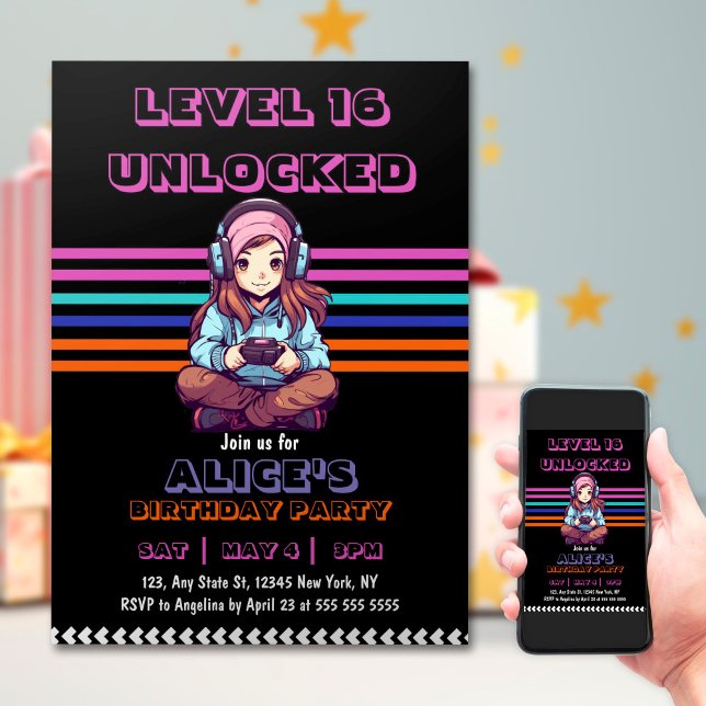 Invitation Jeu Ado Jeu Joueur fille Joueur vidéo Joueur Anniv (Créateur téléchargé)