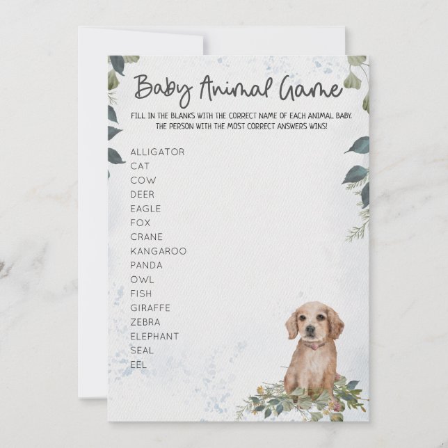 Invitation Jeu animal Baby shower chien mignon (Devant)