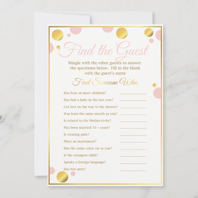 Invitation Jeu Baby shower "Trouvez l'invité" rose et or (Devant)