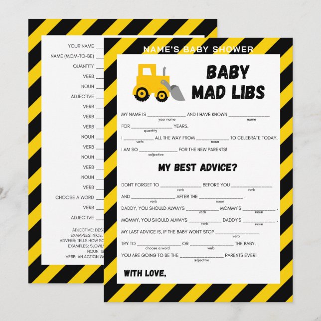 Invitation Jeu Bébé en Construction - Nom Modifiable, 5x7 (Devant / Derrière)