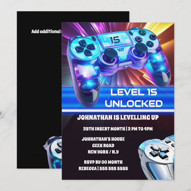 Invitation Jeu contrôleur jeux vidéo neon n'importe quel geek (Devant / Derrière)