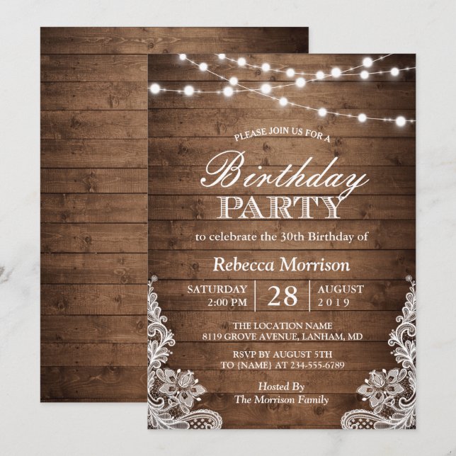 Invitation Jeu d'anniversaire de dentelle rustique (Devant / Derrière)