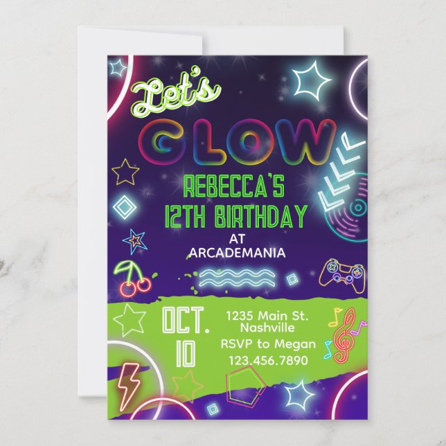 Invitation Jeu d'anniversaire GLOW Jeux Arcade Party Glow Neo (Devant)