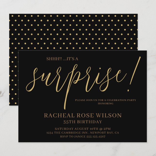 Invitation Jeu d'Anniversaire Noir moderne Script Surprise (Devant / Derrière)