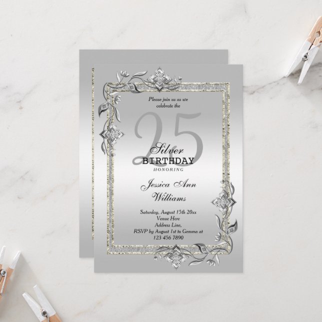 Invitation Jeu d'argent et Parties scintillant fête du 25e an (Devant/Arrière en situation)