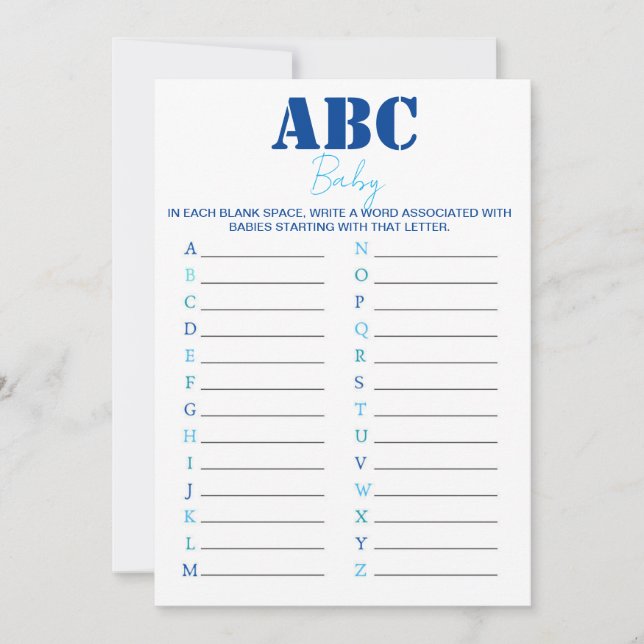 Invitation Jeu de Baby shower ABC Alphabet - Bleu (Devant)