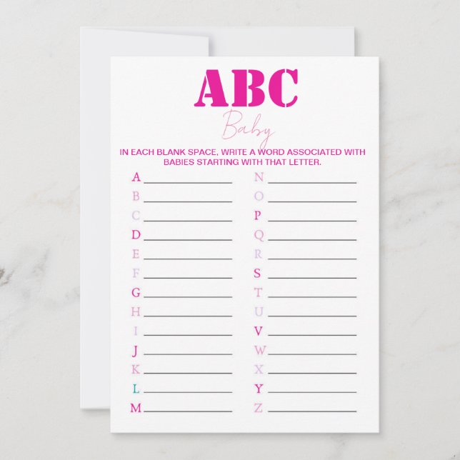 Invitation Jeu de Baby shower ABC Alphabet - Rose (Devant)