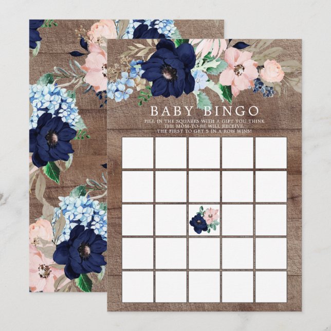 Invitation Jeu de Baby shower BINGO Floral Navy & Blush (Devant / Derrière)