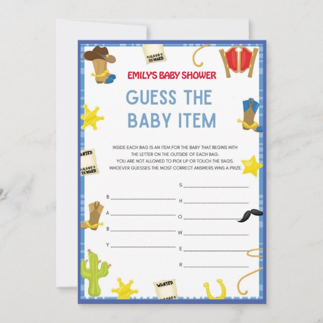 Invitation Jeu de Baby shower Cowboy - Nom modifiable, taille (Devant)