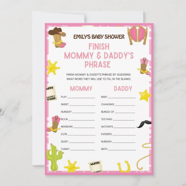 Invitation Jeu de Baby shower Cowgirl - Nom modifiable, taill (Devant)
