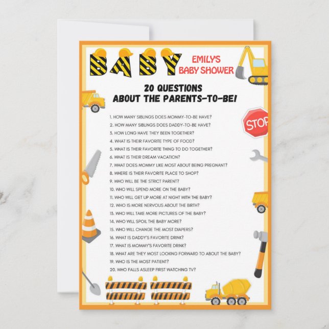 Invitation Jeu de Baby shower de construction - Nom modifiabl (Devant)