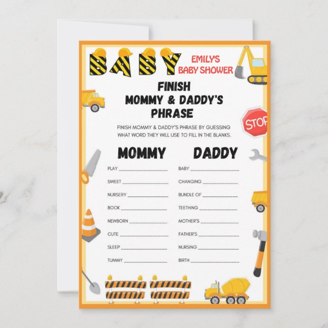 Invitation Jeu de Baby shower de construction - Nom modifiabl (Devant)