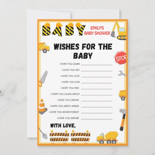 Invitation Jeu de Baby shower de construction - Nom modifiabl (Devant)