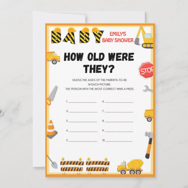 Invitation Jeu de Baby shower de construction - Nom modifiabl (Devant)