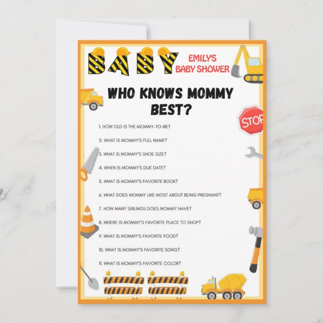 Invitation Jeu de Baby shower de construction - Nom modifiabl (Devant)