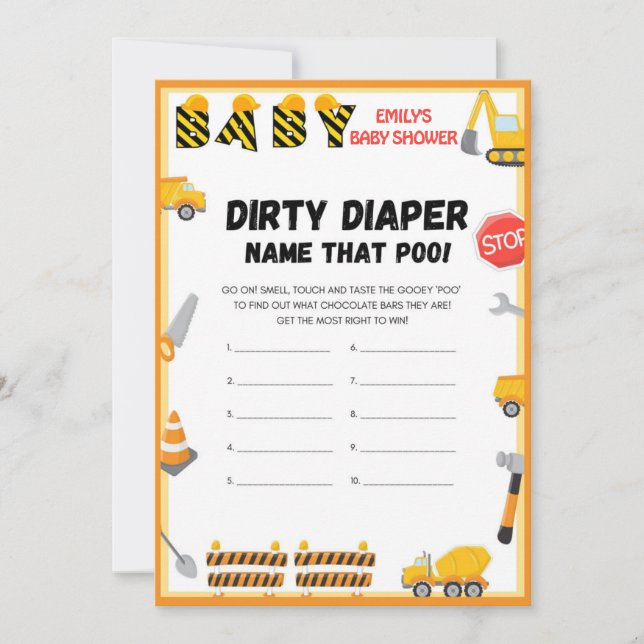 Invitation Jeu de Baby shower de construction - Nom modifiabl (Devant)