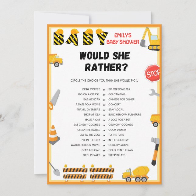 Invitation Jeu de Baby shower de construction - Nom modifiabl (Devant)
