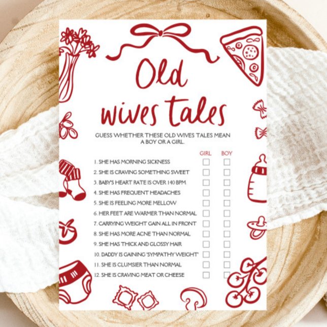 Invitation Jeu de Baby shower de la main rouge tiré Old Wives (Red Hand Drawn Old Wives Tales Baby Shower Game)