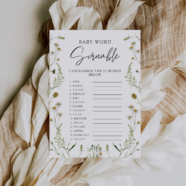 Invitation Jeu de baby shower 'Fleurs sauvages' - Mots mêlés (Wildflowers Baby shower game – Word scramble Invitation)