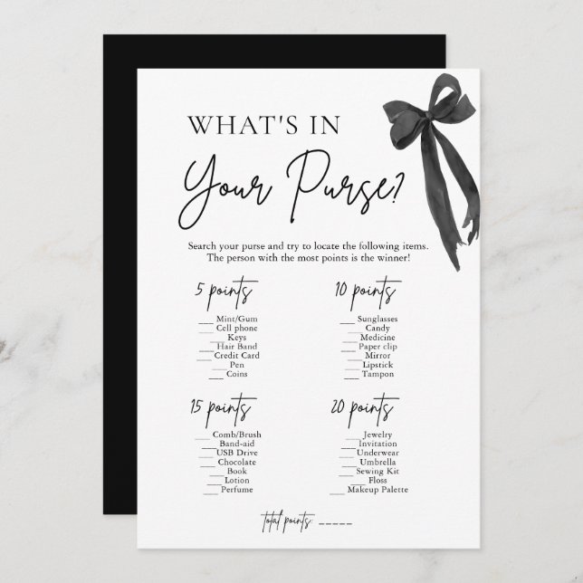 Invitation Jeu de Baby Shower Mariage 'Black Bow What's In Yo (Devant / Derrière)