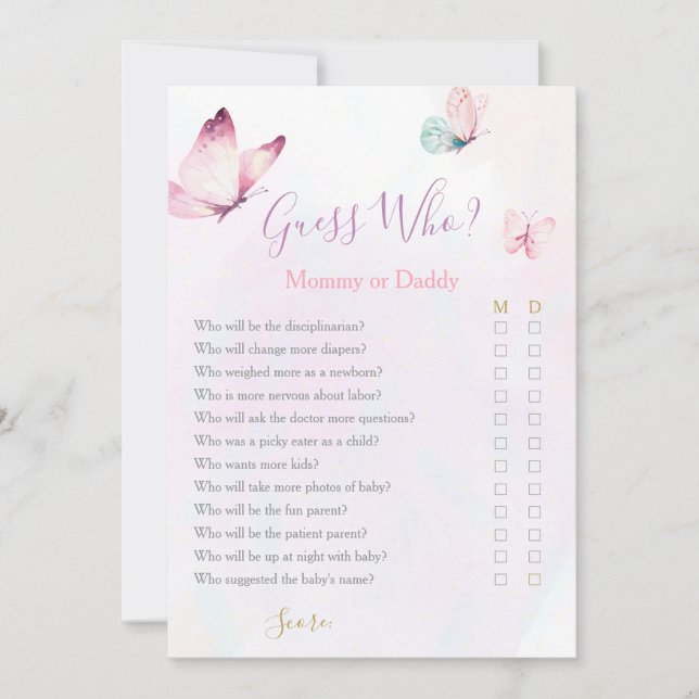 Invitation Jeu de Baby shower papillon maman ou papa (Devant)