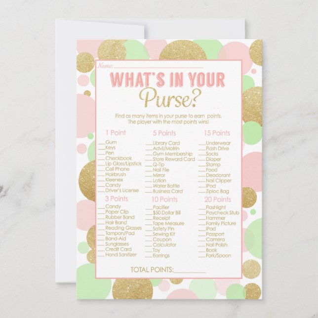 Invitation Jeu de baby shower Qu'y a-t-il dans votre sac (Devant)