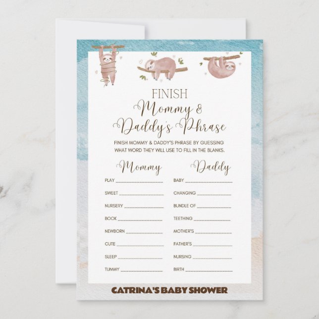 Invitation Jeu de Baby shower Sloth - Nom modifiable, 5x7 (Devant)
