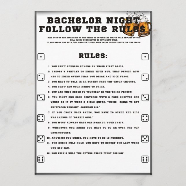 Invitation Jeu de Bachelor Party, Suivez les règles, (Devant)