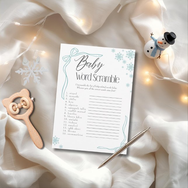 Invitation Jeu de Bébé Mot Bébé vert neige Jeu (Frosty green Bow Baby Word Scramble Game)