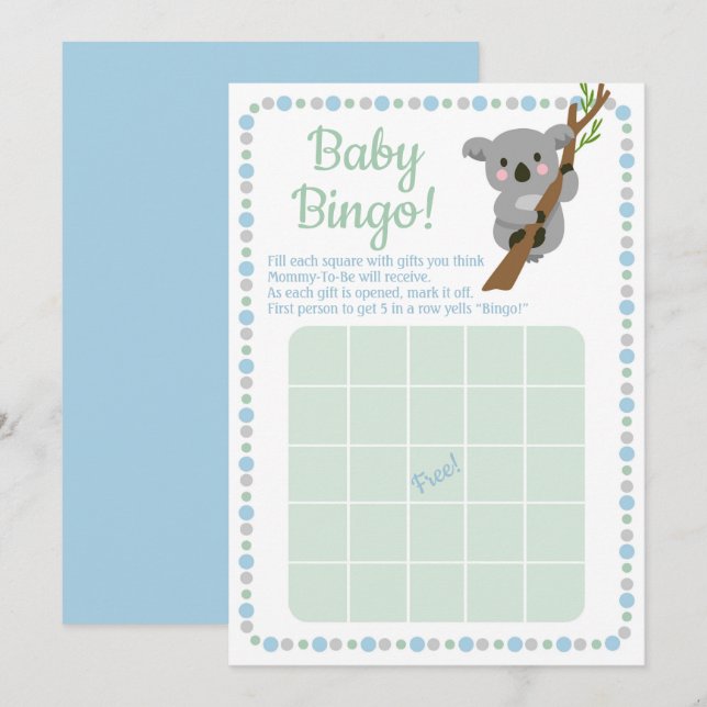 Invitation Jeu de bingo Baby Shower Koala Bear Blue Boy (Devant / Derrière)