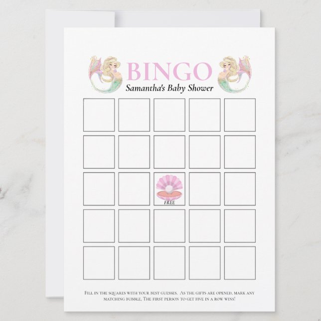 Invitation Jeu de bingo Baby Shower Sirène Points roses et bl (Devant)