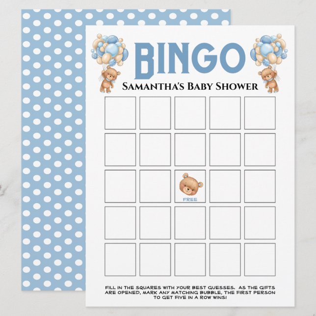 Invitation Jeu de bingo bulles bleu garçon ourson Baby Shower (Devant / Derrière)