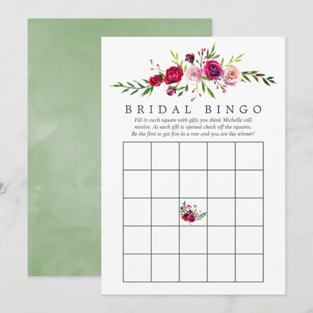 Invitation Jeu de bingo floral pour une douche de mariée d'au (Devant / Derrière)